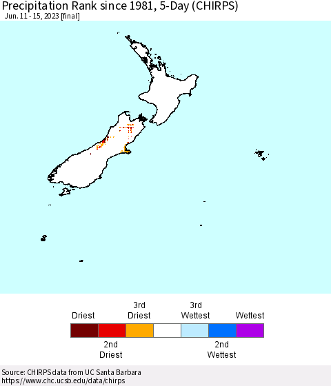 New Zealand Precipitation Rank since 1981, 5-Day (CHIRPS) Thematic Map For 6/11/2023 - 6/15/2023