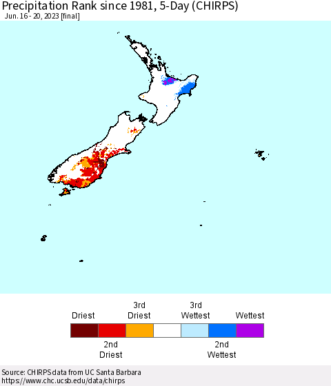 New Zealand Precipitation Rank since 1981, 5-Day (CHIRPS) Thematic Map For 6/16/2023 - 6/20/2023