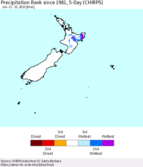New Zealand Precipitation Rank since 1981, 5-Day (CHIRPS) Thematic Map For 6/21/2023 - 6/25/2023