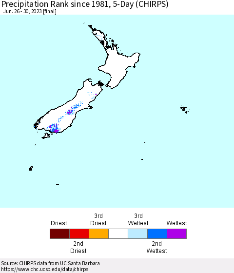 New Zealand Precipitation Rank since 1981, 5-Day (CHIRPS) Thematic Map For 6/26/2023 - 6/30/2023