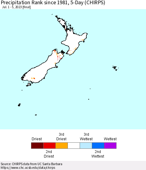 New Zealand Precipitation Rank since 1981, 5-Day (CHIRPS) Thematic Map For 7/1/2023 - 7/5/2023