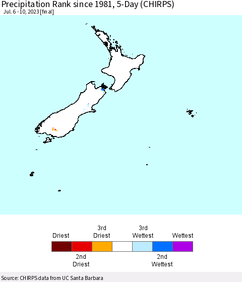 New Zealand Precipitation Rank since 1981, 5-Day (CHIRPS) Thematic Map For 7/6/2023 - 7/10/2023