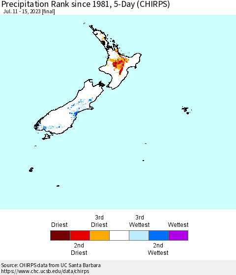 New Zealand Precipitation Rank since 1981, 5-Day (CHIRPS) Thematic Map For 7/11/2023 - 7/15/2023