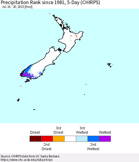 New Zealand Precipitation Rank since 1981, 5-Day (CHIRPS) Thematic Map For 7/16/2023 - 7/20/2023