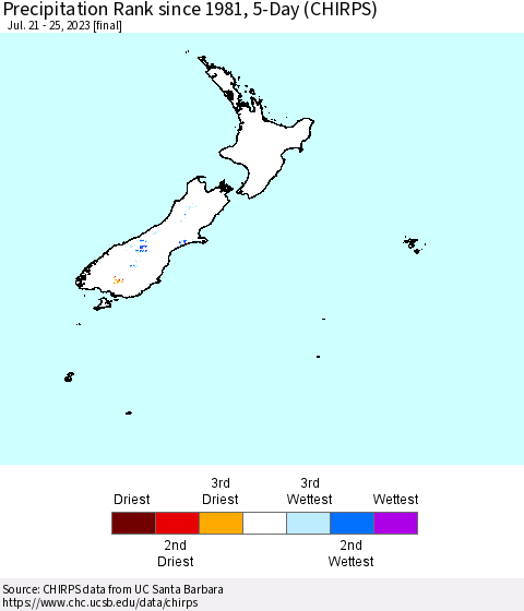 New Zealand Precipitation Rank since 1981, 5-Day (CHIRPS) Thematic Map For 7/21/2023 - 7/25/2023
