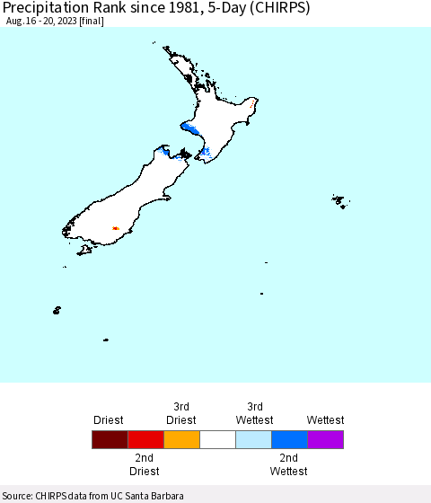 New Zealand Precipitation Rank since 1981, 5-Day (CHIRPS) Thematic Map For 8/16/2023 - 8/20/2023