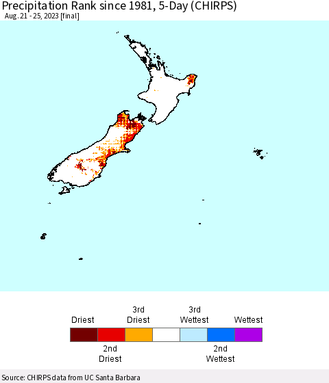 New Zealand Precipitation Rank since 1981, 5-Day (CHIRPS) Thematic Map For 8/21/2023 - 8/25/2023