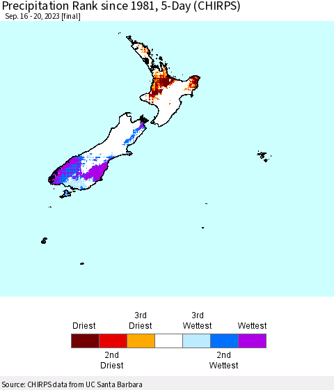 New Zealand Precipitation Rank since 1981, 5-Day (CHIRPS) Thematic Map For 9/16/2023 - 9/20/2023