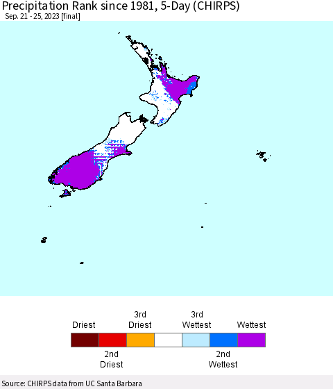 New Zealand Precipitation Rank since 1981, 5-Day (CHIRPS) Thematic Map For 9/21/2023 - 9/25/2023