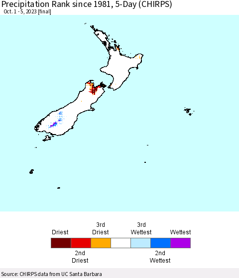 New Zealand Precipitation Rank since 1981, 5-Day (CHIRPS) Thematic Map For 10/1/2023 - 10/5/2023