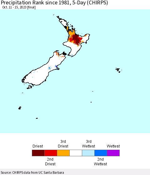 New Zealand Precipitation Rank since 1981, 5-Day (CHIRPS) Thematic Map For 10/11/2023 - 10/15/2023