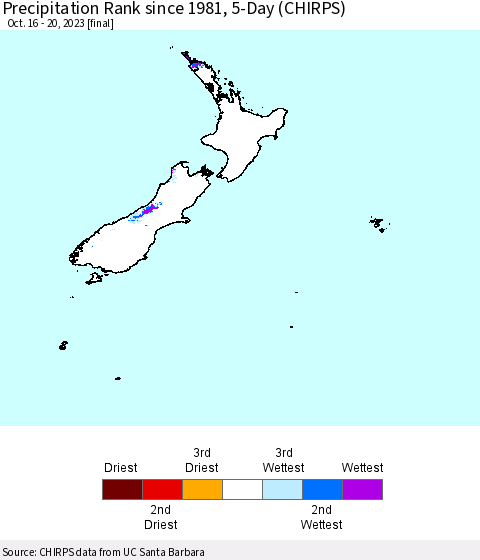 New Zealand Precipitation Rank since 1981, 5-Day (CHIRPS) Thematic Map For 10/16/2023 - 10/20/2023