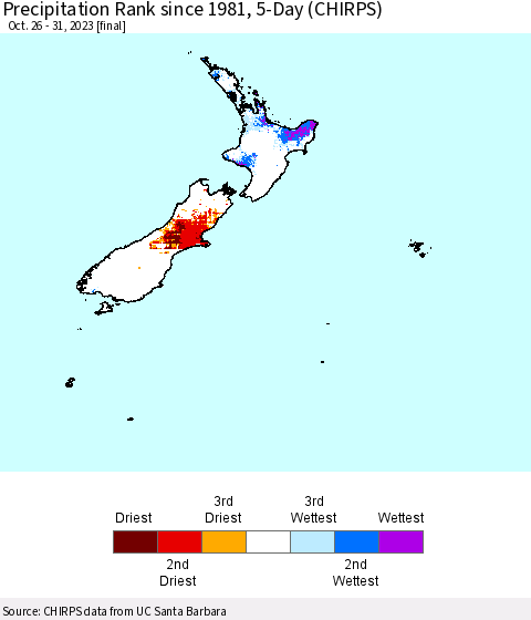 New Zealand Precipitation Rank since 1981, 5-Day (CHIRPS) Thematic Map For 10/26/2023 - 10/31/2023
