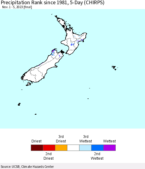 New Zealand Precipitation Rank since 1981, 5-Day (CHIRPS) Thematic Map For 11/1/2023 - 11/5/2023
