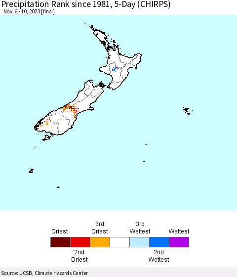 New Zealand Precipitation Rank since 1981, 5-Day (CHIRPS) Thematic Map For 11/6/2023 - 11/10/2023