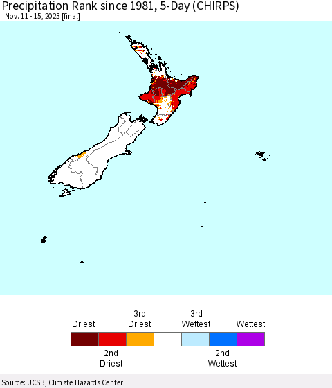 New Zealand Precipitation Rank since 1981, 5-Day (CHIRPS) Thematic Map For 11/11/2023 - 11/15/2023