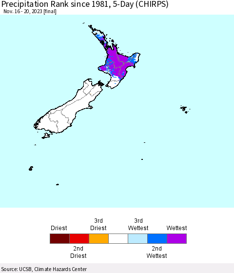 New Zealand Precipitation Rank since 1981, 5-Day (CHIRPS) Thematic Map For 11/16/2023 - 11/20/2023