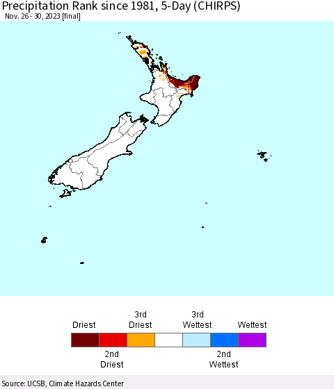 New Zealand Precipitation Rank since 1981, 5-Day (CHIRPS) Thematic Map For 11/26/2023 - 11/30/2023