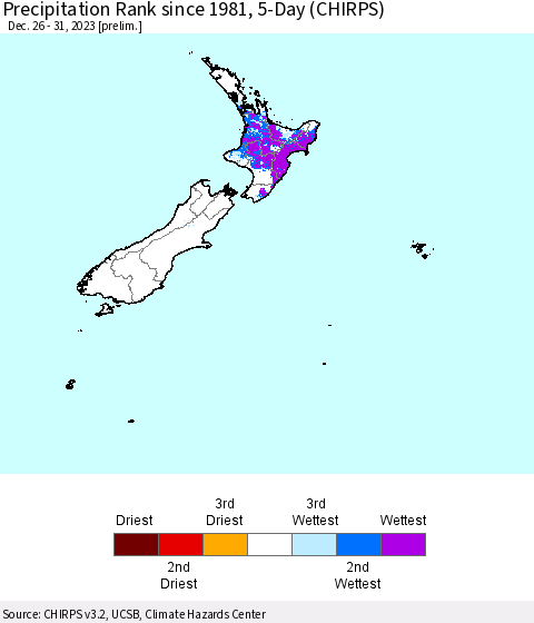New Zealand Precipitation Rank since 1981, 5-Day (CHIRPS) Thematic Map For 12/26/2023 - 12/31/2023