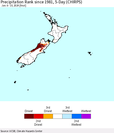 New Zealand Precipitation Rank since 1981, 5-Day (CHIRPS) Thematic Map For 1/6/2024 - 1/10/2024