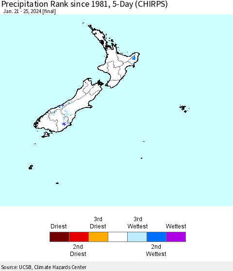 New Zealand Precipitation Rank since 1981, 5-Day (CHIRPS) Thematic Map For 1/21/2024 - 1/25/2024