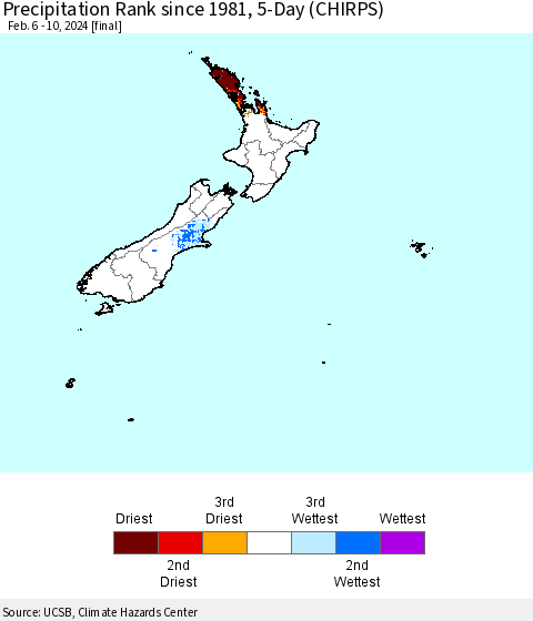New Zealand Precipitation Rank since 1981, 5-Day (CHIRPS) Thematic Map For 2/6/2024 - 2/10/2024
