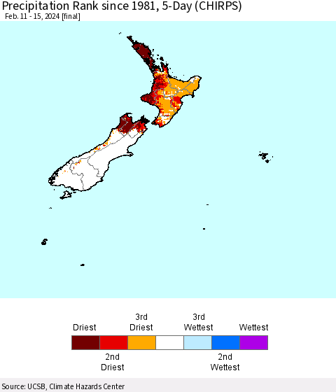 New Zealand Precipitation Rank since 1981, 5-Day (CHIRPS) Thematic Map For 2/11/2024 - 2/15/2024