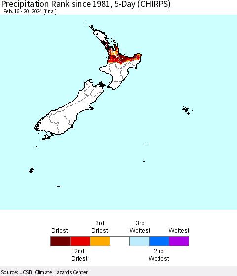 New Zealand Precipitation Rank since 1981, 5-Day (CHIRPS) Thematic Map For 2/16/2024 - 2/20/2024
