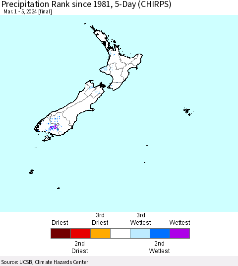 New Zealand Precipitation Rank since 1981, 5-Day (CHIRPS) Thematic Map For 3/1/2024 - 3/5/2024