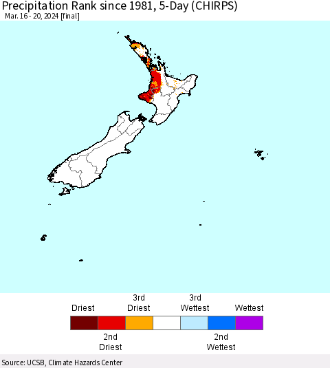 New Zealand Precipitation Rank since 1981, 5-Day (CHIRPS) Thematic Map For 3/16/2024 - 3/20/2024