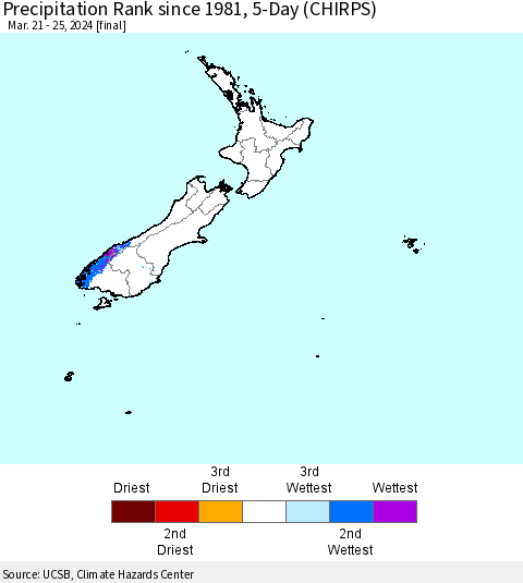 New Zealand Precipitation Rank since 1981, 5-Day (CHIRPS) Thematic Map For 3/21/2024 - 3/25/2024