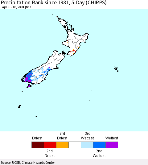 New Zealand Precipitation Rank since 1981, 5-Day (CHIRPS) Thematic Map For 4/6/2024 - 4/10/2024