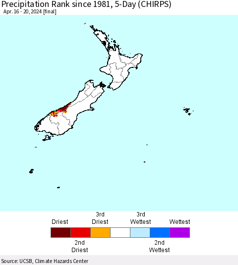 New Zealand Precipitation Rank since 1981, 5-Day (CHIRPS) Thematic Map For 4/16/2024 - 4/20/2024