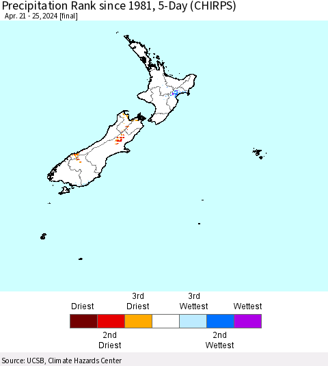 New Zealand Precipitation Rank since 1981, 5-Day (CHIRPS) Thematic Map For 4/21/2024 - 4/25/2024
