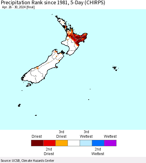 New Zealand Precipitation Rank since 1981, 5-Day (CHIRPS) Thematic Map For 4/26/2024 - 4/30/2024