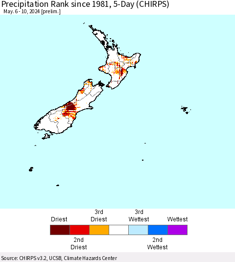 New Zealand Precipitation Rank since 1981, 5-Day (CHIRPS) Thematic Map For 5/6/2024 - 5/10/2024