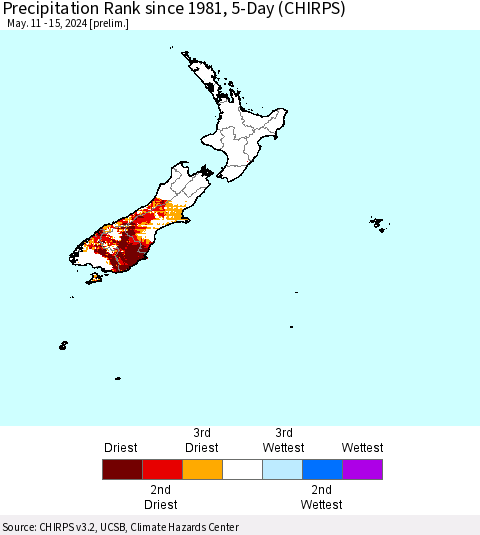 New Zealand Precipitation Rank since 1981, 5-Day (CHIRPS) Thematic Map For 5/11/2024 - 5/15/2024