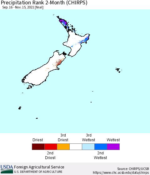 New Zealand Precipitation Rank since 1981, 2-Month (CHIRPS) Thematic Map For 9/16/2021 - 11/15/2021