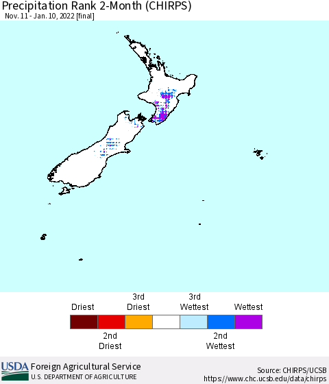New Zealand Precipitation Rank since 1981, 2-Month (CHIRPS) Thematic Map For 11/11/2021 - 1/10/2022