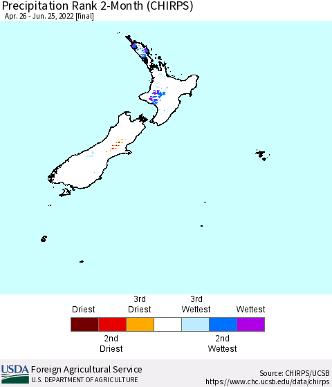 New Zealand Precipitation Rank since 1981, 2-Month (CHIRPS) Thematic Map For 4/26/2022 - 6/25/2022