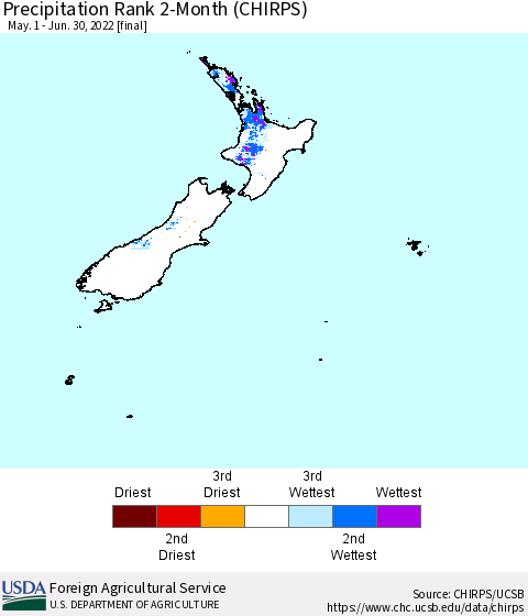 New Zealand Precipitation Rank since 1981, 2-Month (CHIRPS) Thematic Map For 5/1/2022 - 6/30/2022