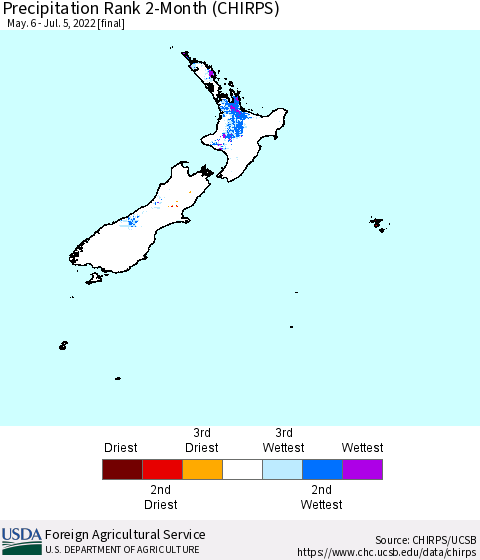New Zealand Precipitation Rank since 1981, 2-Month (CHIRPS) Thematic Map For 5/6/2022 - 7/5/2022