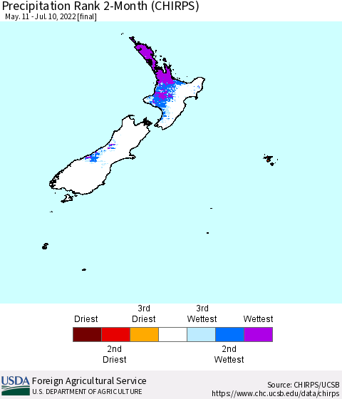 New Zealand Precipitation Rank since 1981, 2-Month (CHIRPS) Thematic Map For 5/11/2022 - 7/10/2022
