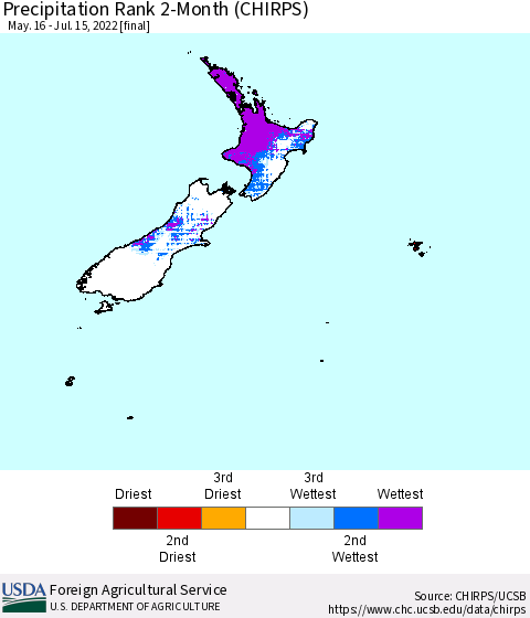 New Zealand Precipitation Rank since 1981, 2-Month (CHIRPS) Thematic Map For 5/16/2022 - 7/15/2022