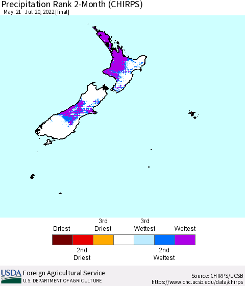 New Zealand Precipitation Rank since 1981, 2-Month (CHIRPS) Thematic Map For 5/21/2022 - 7/20/2022