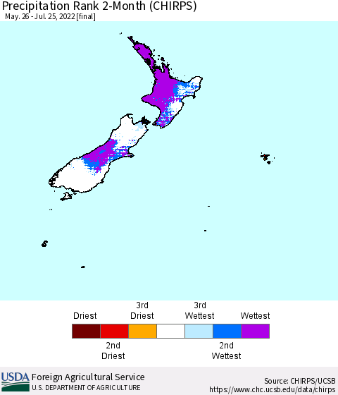 New Zealand Precipitation Rank since 1981, 2-Month (CHIRPS) Thematic Map For 5/26/2022 - 7/25/2022