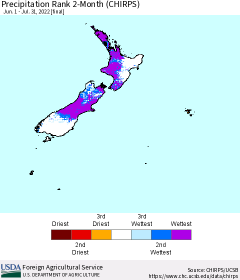 New Zealand Precipitation Rank since 1981, 2-Month (CHIRPS) Thematic Map For 6/1/2022 - 7/31/2022