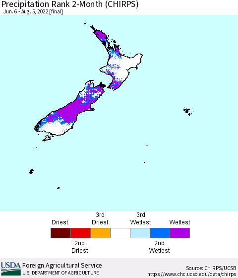 New Zealand Precipitation Rank since 1981, 2-Month (CHIRPS) Thematic Map For 6/6/2022 - 8/5/2022