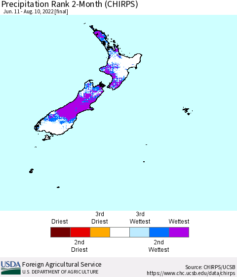 New Zealand Precipitation Rank since 1981, 2-Month (CHIRPS) Thematic Map For 6/11/2022 - 8/10/2022