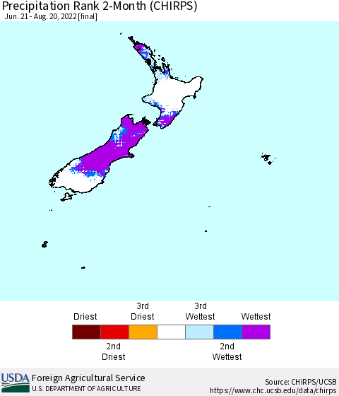 New Zealand Precipitation Rank since 1981, 2-Month (CHIRPS) Thematic Map For 6/21/2022 - 8/20/2022